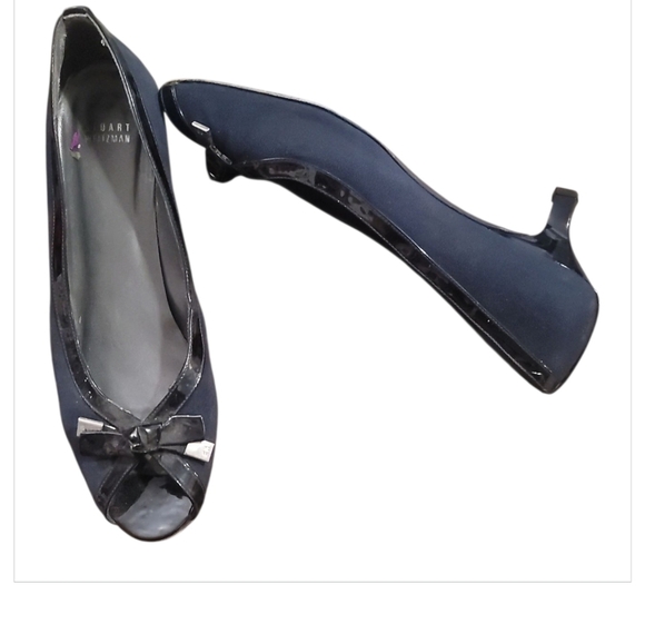 STUART WEITZMANN tutti frutti Navy blue Black patent Peep-Toe Kitten Heels 11 - Picture 2 of 6